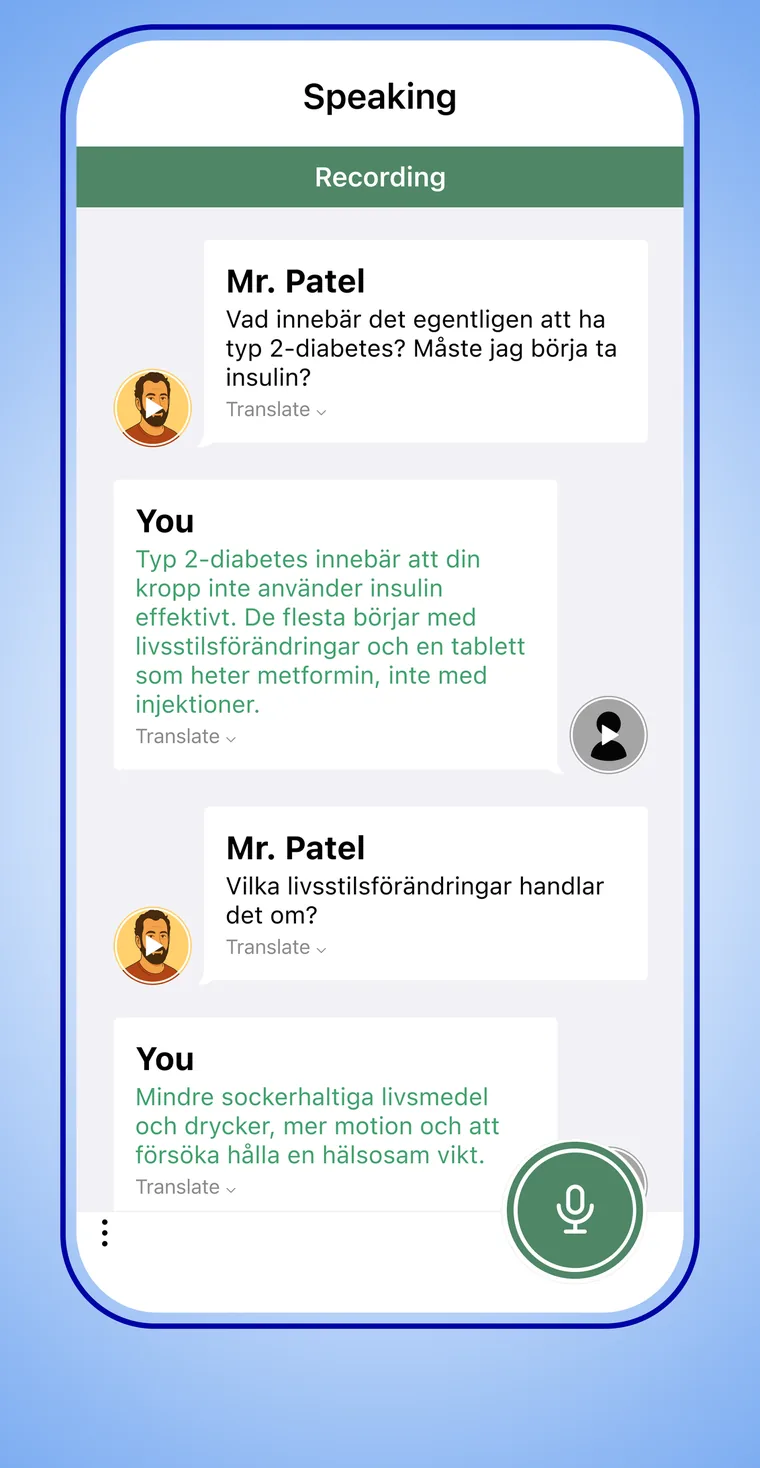 A speaking exercise: a patient asks about type 2 diabetes and you answer in Swedish