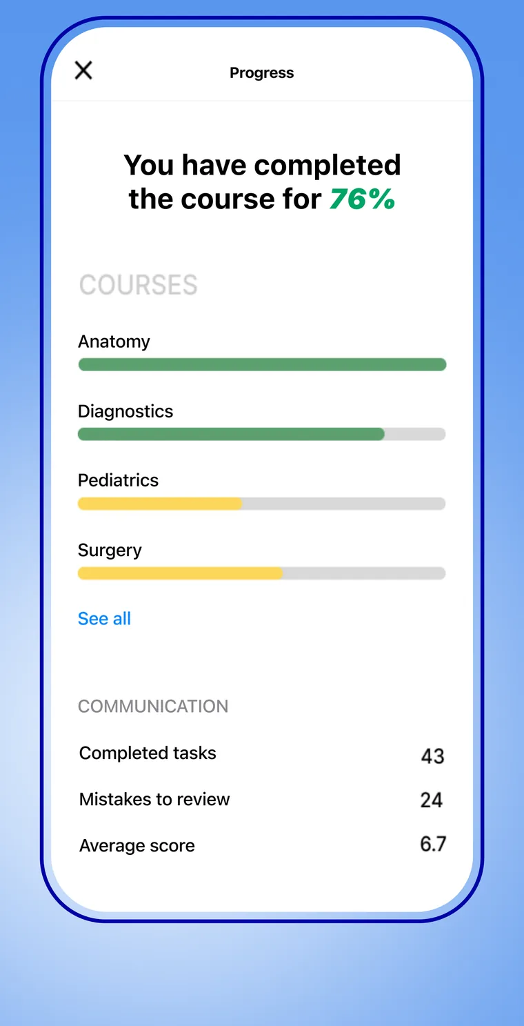 The progress screen showing 76% of the course completed