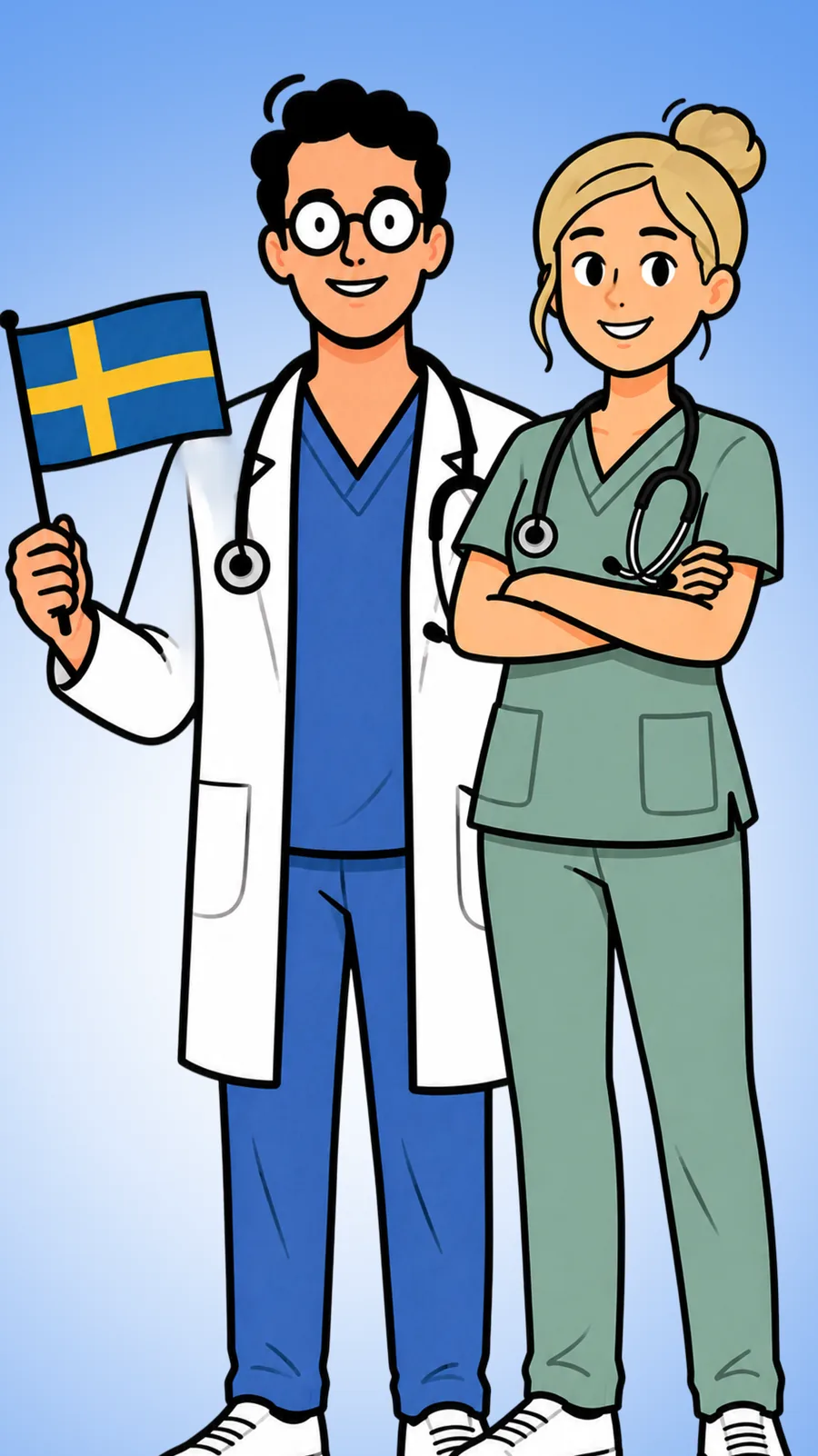 A doctor holding a Swedish flag and a nurse, learning Swedish with Medical Swedish
